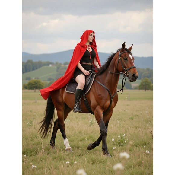 Women's Red Witch Imported Velvet Cloak Halloween Hooded Cape Medieval Costume - Picture 6 of 7